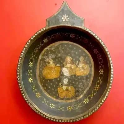 Antique Mughal-Inspired Indian Wood Market Tray, Hand-painted