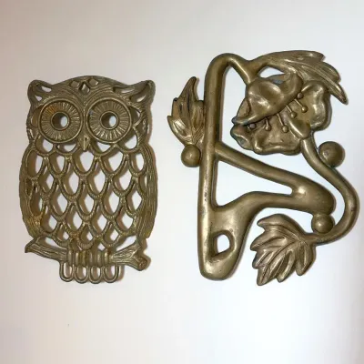 MidCentury Brass Trivets, Owl & Art Nouveau Floral | 2 Pieces