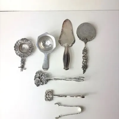 Silverplated Flatware and Tea Strainers, Unmarked with High Silver Content, 7 Pieces