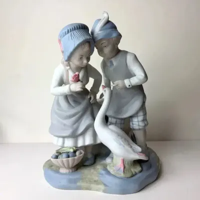 Palessi, Spanish Mid-to-late 20th c Porcelain, Children with a Goose | Matte Glaze