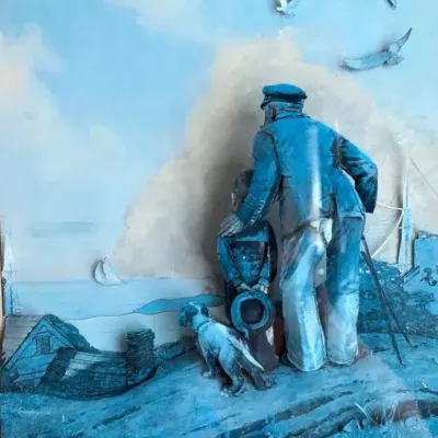 Decoupage 3-D Paper Tole, Norman Rockwell “Outward Bound”, Framed