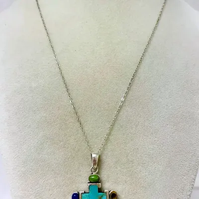 Sterling Silver Multi-stone Cross Pendant Necklace