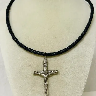 Rustic Detailed Crucifix on Braided Leather Necklace