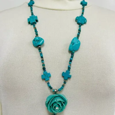 Handcrafted Turquoise and Glass Bead Rose Pendant Necklace