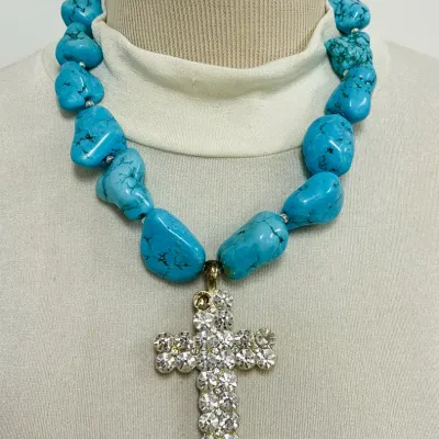 Chunky Turquoise Necklace with Rhinestone Cross