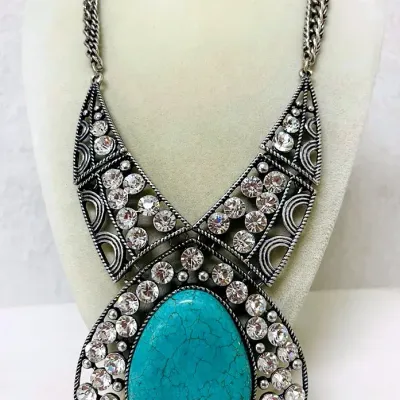 Bold Turquoise and Rhinestone Statement Necklace