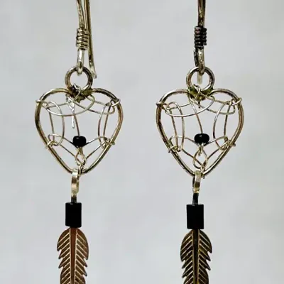 Sterling Silver Dangle Heart and Feather Earrings
