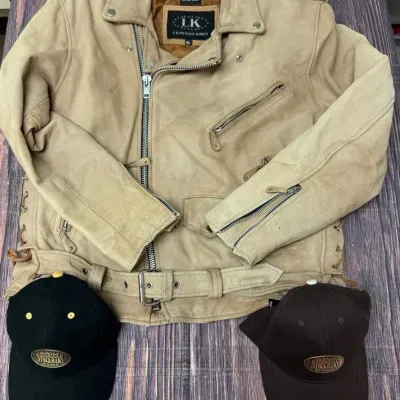 “Leather King” Biker Jacket and Two “Kati Sportcap” Flex-Strap Baseball Hats