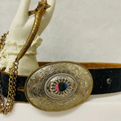 “Montana Silversmiths” German Silver Belt Buckle with Leather Belt and Spur