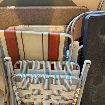 Sale Photo Thumbnail #259: Step ladder, Vintage card tables,, metal folding chairs, trash can, Vintage lawn chairs.