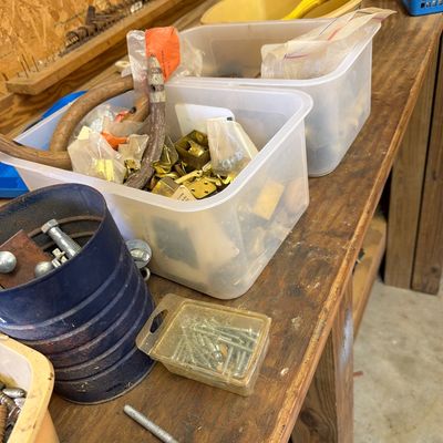 Sale Photo Thumbnail #297: Yard stuff, New casters, paint, misc screws and nails.
metal work table. and More.