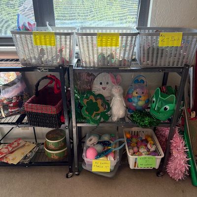 Sale Photo Thumbnail #161: Christmas Ornaments, Easter, Wrapping items, and more.

Shelves and gray baskets not included.