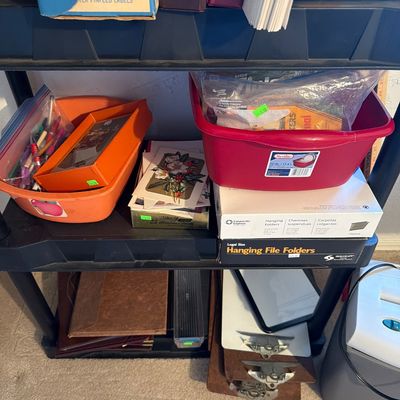 Sale Photo Thumbnail #127: Cards, Clip Boards, paper, Notebooks, and shredder and  more.

Shelf not included.