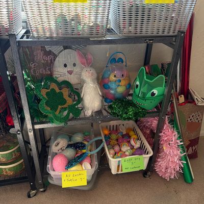 Sale Photo Thumbnail #162: Christmas Ornaments, Easter, Wrapping items, and more.

Shelves and gray baskets not included.