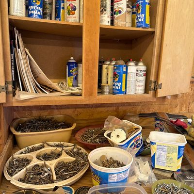 Sale Photo Thumbnail #294: Yard stuff, New casters, paint, misc screws and nails.
metal work table. and More.