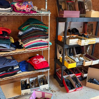 Sale Photo Thumbnail #357: Vintage Pants, Shoes, shorts, belts.
Shelves are included.