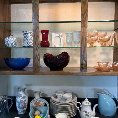 Sale Photo Thumbnail #68: China made in Japan, Vases, Pitchers, Pink depression glass.