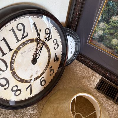 Sale Photo Thumbnail #39: Clocks, Pictures Large Metal Container.