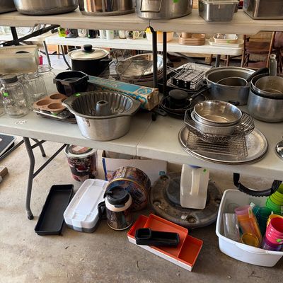 Sale Photo Thumbnail #203: Vintage Jars and lids, Pots and Pans.