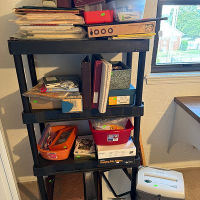 Sale Photo Thumbnail #125: Cards, Clip Boards, paper, Notebooks, and shredder and  more.

Shelf not included.