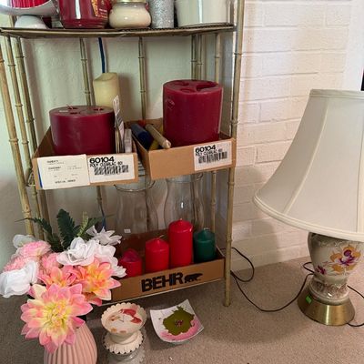 Sale Photo Thumbnail #58: Vintage Lamp and Candles

Bakers rack not included