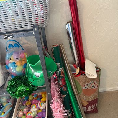 Sale Photo Thumbnail #166: Christmas Ornaments, Easter, Wrapping items, and more.

Shelves and gray baskets not included.