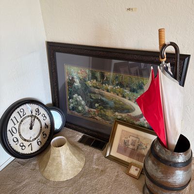 Sale Photo Thumbnail #38: Clocks, Pictures Large Metal Container.
