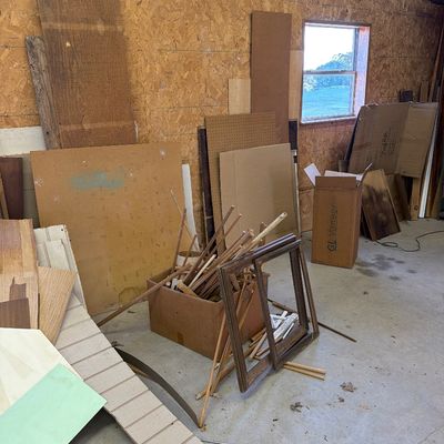 Sale Photo Thumbnail #311: Misc Lumber and shelves, Card table and Radio