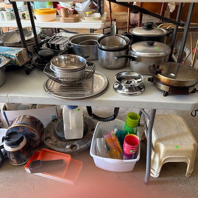 Sale Photo Thumbnail #204: Vintage Jars and lids, Pots and Pans.