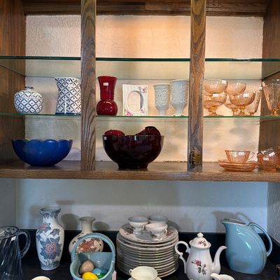 Sale Photo Thumbnail #67: China made in Japan, Vases, Pitchers, Pink depression glass.