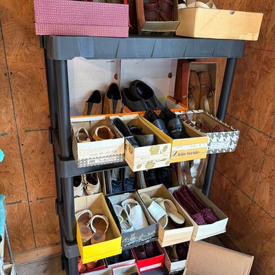 Sale Photo Thumbnail #358: Vintage Pants, Shoes, shorts, belts.
Shelves are included.