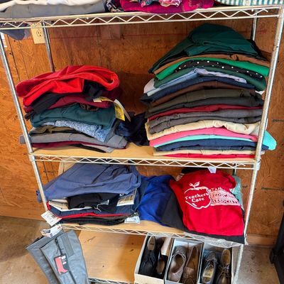 Sale Photo Thumbnail #359: Vintage Pants, Shoes, shorts, belts.
Shelves are included.