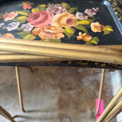 Sale Photo Thumbnail #202: vintage TV Trays, Brass fireplace cannon.