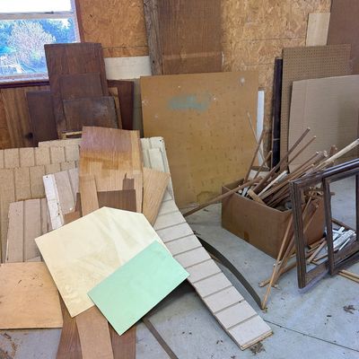 Sale Photo Thumbnail #312: Misc Lumber and shelves, Card table and Radio