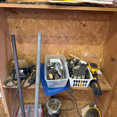 Sale Photo Thumbnail #295: Yard stuff, New casters, paint, misc screws and nails.
metal work table. and More.