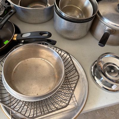 Sale Photo Thumbnail #207: Vintage Jars and lids, Pots and Pans.
