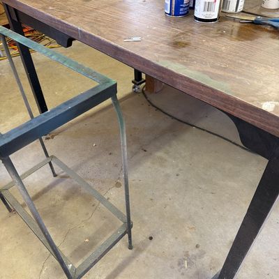 Sale Photo Thumbnail #303: Yard stuff, New casters, paint, misc screws and nails.
metal work table. and More.