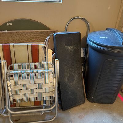 Sale Photo Thumbnail #258: Step ladder, Vintage card tables,, metal folding chairs, trash can, Vintage lawn chairs.
