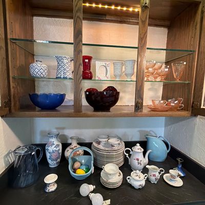 Sale Photo Thumbnail #63: China made in Japan, Vases, Pitchers, Pink depression glass.