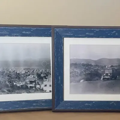 Framed Vintage Photographs-Coastal Town & Old Bus