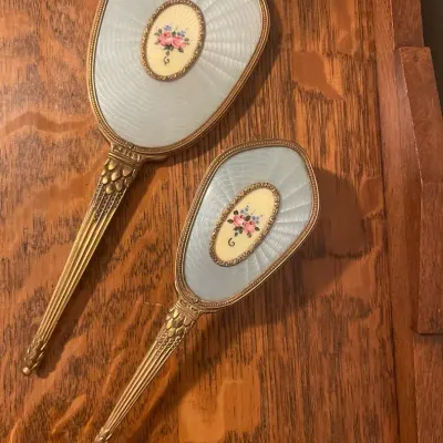 Gold-Tone Vanity Hair Brush Pale Blue Guilloche Enamel 