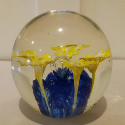 Yellow Flowers w/Cobalt Base Paperweight