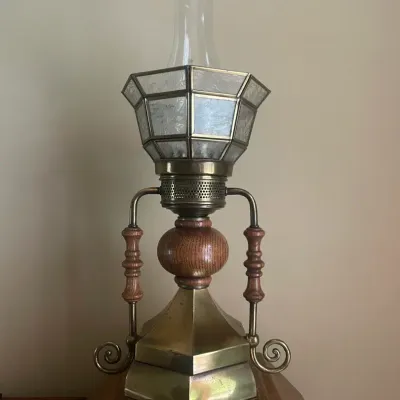 Brass & Wood Banquet Lamp/Oil-Style Hurricane Lamp 