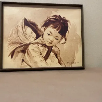 Vintage Tom Wong Signed Asian Children Portrait Art Print
