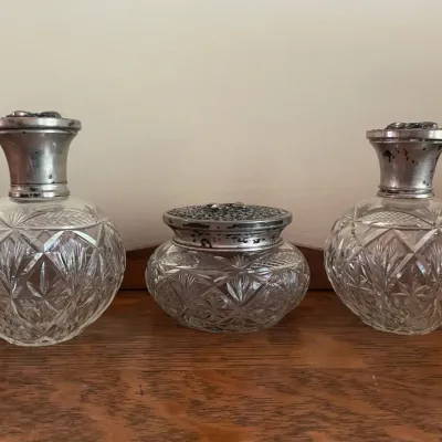 Antique Cut Crystal & Sterling Silver Vanity Jars – Set of 3
