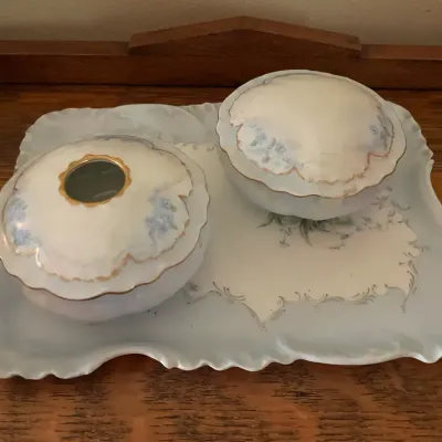Powder Box, Hair Catcher, and Tray in Pastel Blue Vanity Set 