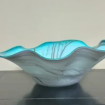 Aqua, Black, and White Swirl Glass Bowl 