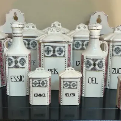 Antique Gretl Ceramic Kitchen Canisters & Spice  Gries - Semolina - Roses