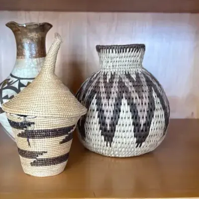 Tutsi Lidded Basket/Zulu Herb Basket/Acoma Pueblo Polychrome Vase