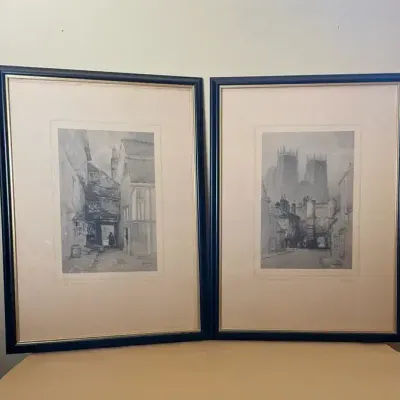 Etchings "Pump Court, York"  & "York Minster & Bootham Bar" 